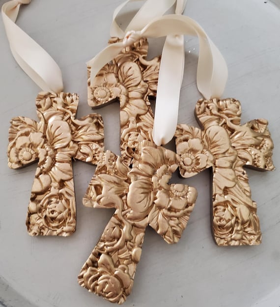 Gold Flower Cross Ornament: Handmade Clay Hanging, Catholic Gift