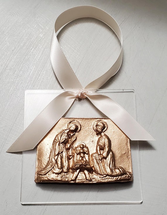 Handmade Clay Nativity Ornament: Holy Family on Acrylic