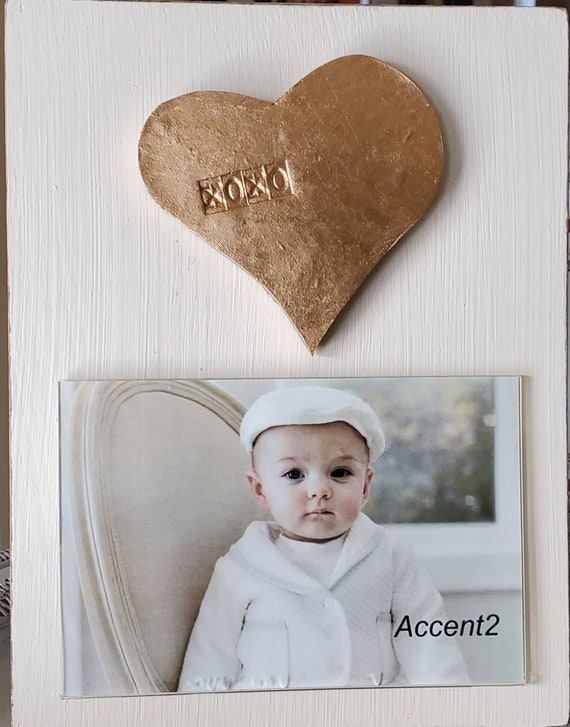 Gold Gilded XOXO Heart Photo Frame - Distressed Oyster White 4x6