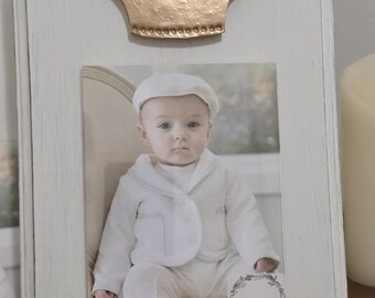 Handmade Frame with Gold Leaf Crown 5x7 Vertical Photo Baby Gift, Wedding, Mardi Gras.