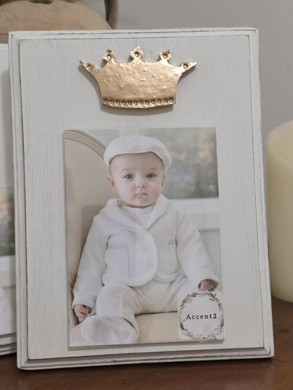 Handmade Frame with Gold Leaf Crown 5x7 Vertical Photo Baby Gift, Wedding, Mardi Gras.