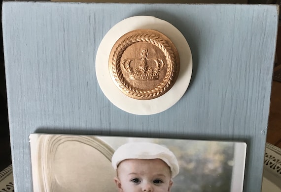 Handmade Distressed Wood Photo Frame: Duck Egg Blue, Gold Crown - 4x6