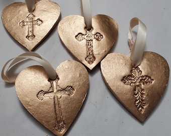 Gold Leaf Handmade Clay Heart Ornament With Cross Imprint- Blessing, Gift Tag, Hostess Gift.
