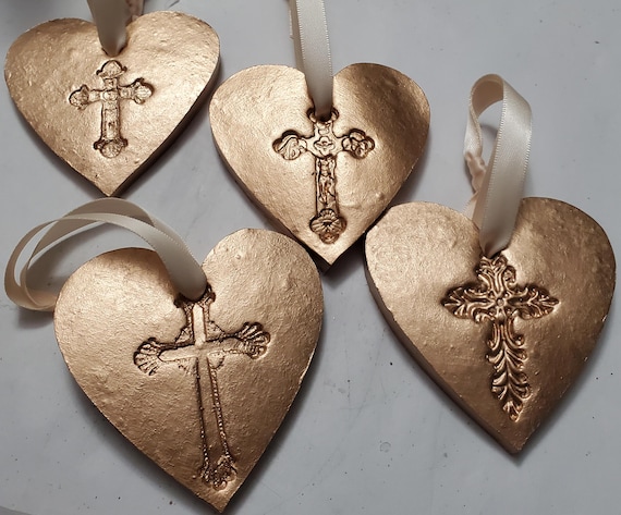 Gold Leaf Handmade Clay Heart Ornament With Cross Imprint- Blessing, Gift Tag, Hostess Gift.