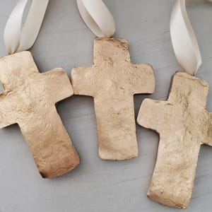 Large Gold Leaf Clay Cross Ornament: Handmade Blessing Gift Tag