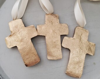 Large Gold Leaf Clay Cross Ornament: Handmade Blessing Gift Tag