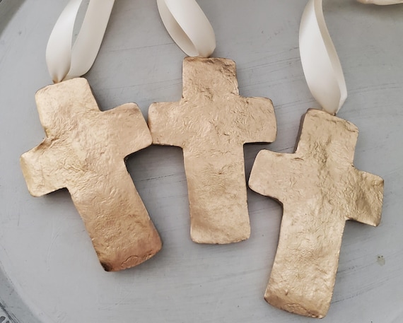 Large Gold Leaf Clay Cross Ornament: Handmade Blessing Gift Tag