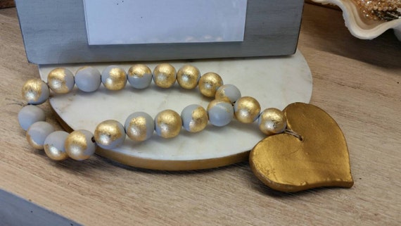 Handmade Wood Blessing Beads: Gray with Gold Leaf Clay Heart