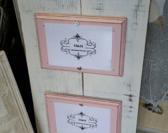 Wood Plank Double 5x7 Handmade Picture Frame - Distressed White Finish With Sea Shell Pink Wood Mats.