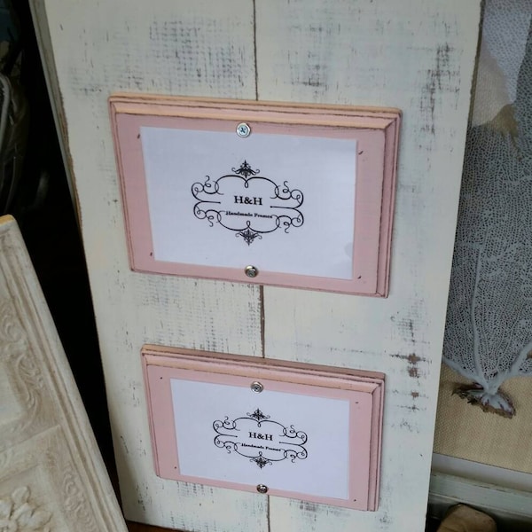 Wood Plank Double 5x7 Handmade Picture Frame - Distressed White Finish With Sea Shell Pink Wood Mats.