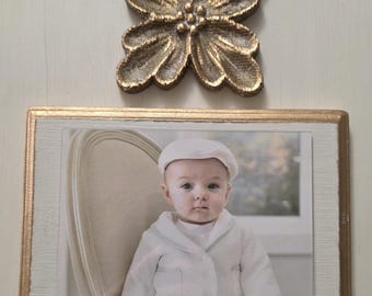 Handmade Wood Picture Frame: Oyster White, Gold Leaf Accents On A Distressed Flower Deco with Gold Leaf Edges Holds A 5x7 Photo