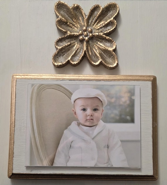 Handmade Wood Picture Frame: Oyster White, Gold Leaf Accents On A Distressed Flower Deco with Gold Leaf Edges Holds A 5x7 Photo
