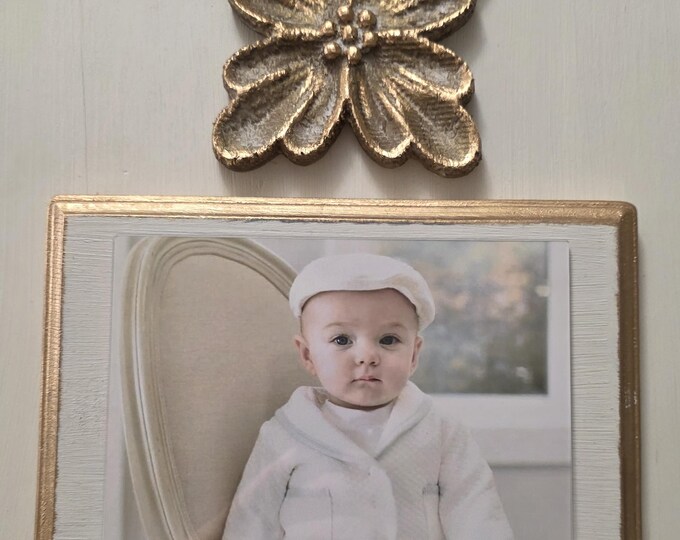 Featured listing image: Handmade Wood Picture Frame: Oyster White, Gold Leaf Accents On A Distressed Flower Deco with Gold Leaf Edges Holds A 5x7 Photo