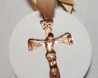 Hanging Intaglio with Gold Leaf Crucifix Imprint on Satin Ribbon Hostess gift - Religious- Christening Gift - Baptism