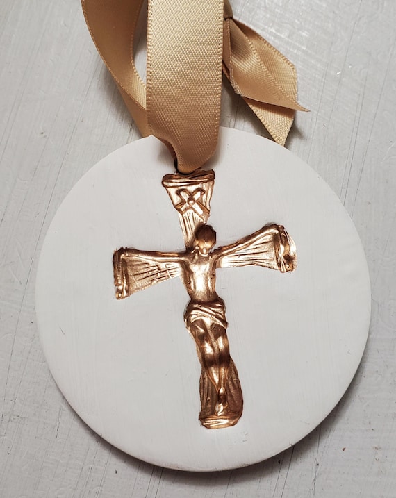 Hanging Crucifix Intaglio Ornament: Gold Leaf Imprint, Satin Ribbon