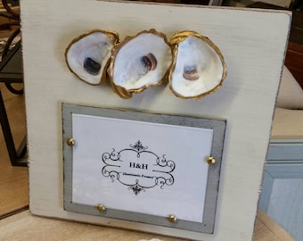 Oysters With Gold Leaf on Handmade Wood Picture Frame - Painted and Distressed Old White - Coastal - Gift - Beach.