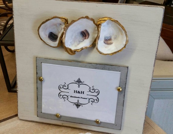 Oysters With Gold Leaf on Handmade Wood Picture Frame - Painted and Distressed Old White - Coastal - Gift - Beach.