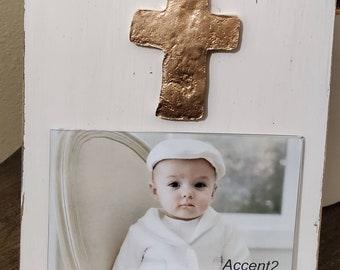 Handmade Wood Frame Painted Oyster White Distressed With A Gold Leaf Cross - Wedding - Baby - Baptism - House Warming Gift.