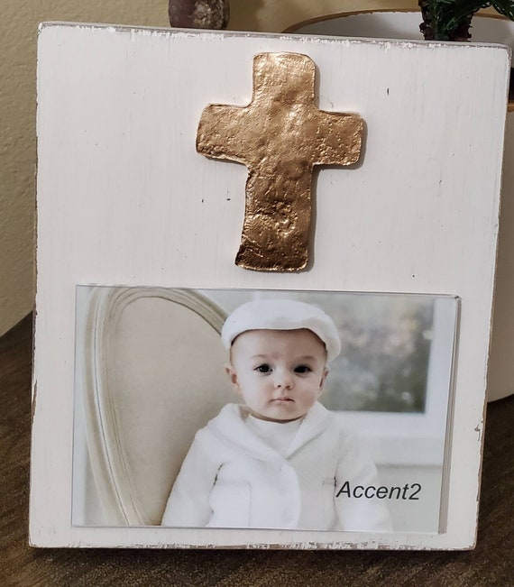 Handmade Distressed Wood Picture Frame: Oyster White with Gold Leaf Cross