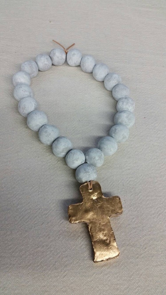 White and Gray Blessing Beads Clay Handmade With Gold Leaf And Cross -  Wedding Gift,  Baby Gift, Housewarming Gift, Bridal Shower Gift.