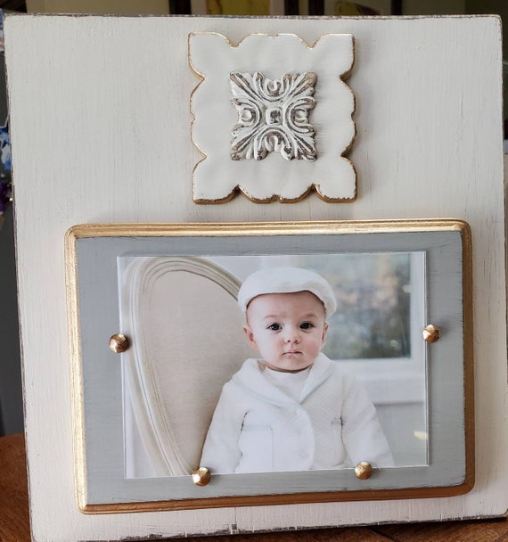 Frame With Gold Gilded Tile And Wood Distressed Deco 5x7 Horizontal Photo Painted Oyster White and Grey Christening Baby Gift Weddings Gift