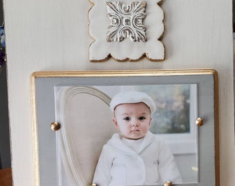 Handmade Wood Frame Oyster White and Gray - Distressed aged finish with Tile and Wood Deco- Nailhead- Wedding - Baby - House Warming Gift.