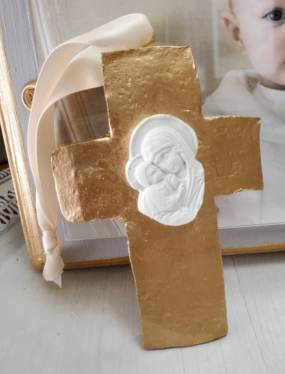 Gold Clay Cross Ornament: Handmade Madonna and Child Intaglio