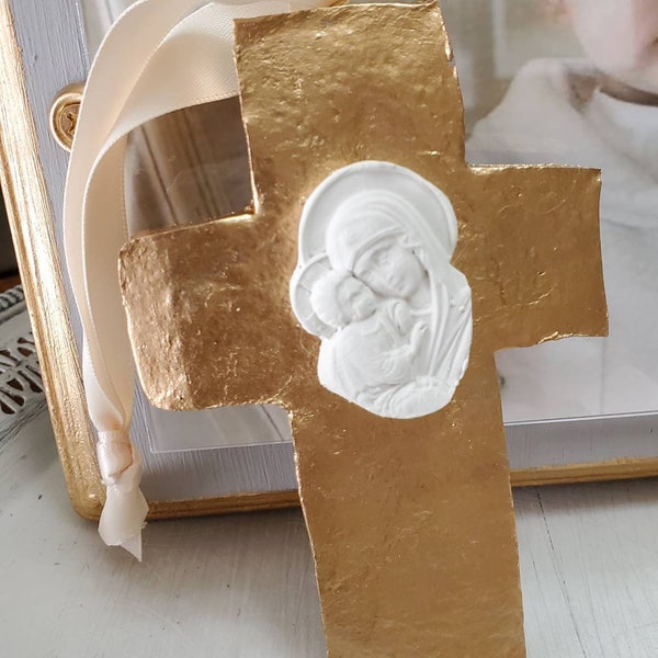 Gold Handmade Cross Ornament Hanging - Christmas Gift - Catholic - Blessing - Hostess Gift - Housewarming - First Communion - Intaglio