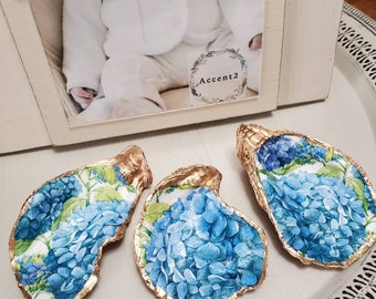 Oyster Shell Flowers Blue Hydrangeas - Hostess Gift - Bridesmaid Gift -  Housewarming - Ring Dish - Home Decor.