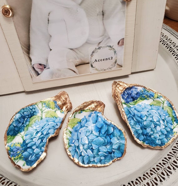 Gold Leaf Oyster Shell Ring Dish: Blue Hydrangea Decor