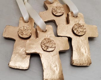 Gold Handmade Small Clay Hanging Cross With Guardian Angel - Ornaments Or Gift Tags - Blessing - Hostess Gift - Housewarming
