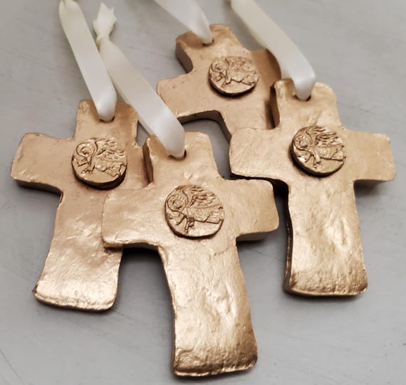 Gold Clay Cross Ornament: Handmade Guardian Angel Blessing