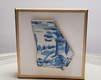 State of Georgia on Canvas With Blue and White Landscape and Gold 6x6 - Hostess Gift- Holidays - A Happy Gift - Housewarming Gift - Birthday