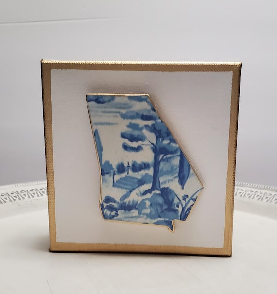 Georgia State Art: Blue Landscape on Canvas with Gold -5x5