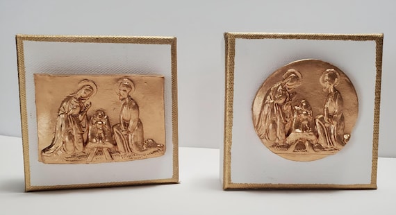 Nativity Scene Canvas With Gold 5x5 - Hostess Gift- Blessing - A Happy Gift - Housewarming Gift - Holiday Decorations - Religious Gift.