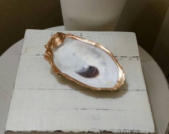 Wooden Box with Real Oyster Shell with Gold Leaf, Painted Distressed White - Jewelry Box, Storage.