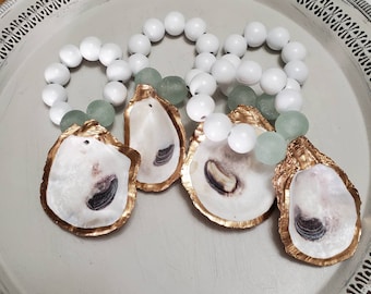 Oyster Shell With Gold Leaf - Beaded Napkin Ring With Aqua Recycled Glass Beads -Hostess Gift - Housewarming -Coastal Chic - Table Setting