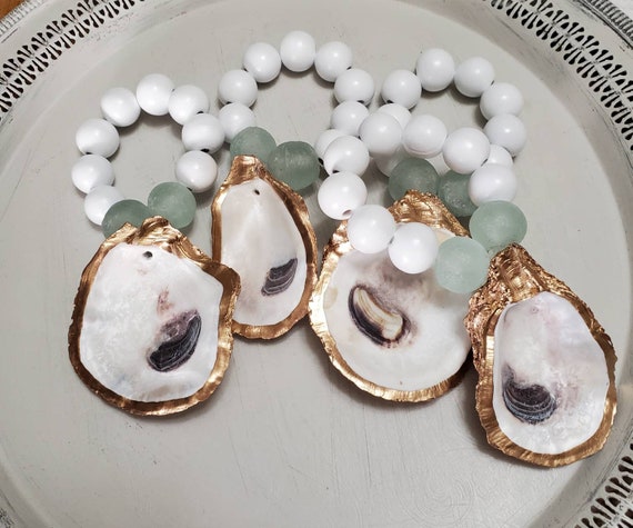 Gold Leaf Oyster Shell Napkin Ring: Beaded Coastal Table Decor