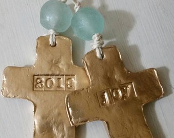 Gold Handmade Small Clay Hanging Cross With Recycled Glass - Ornaments - Christmas -  Or Gift Tags - Blessing - Hostess Gift - Housewarming