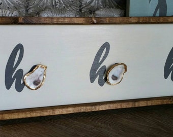 HO HO HO Handpainted Wood Sign 9 1/2" x 31" Framed With Gold Leaf Oysters