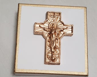 Gold Jesus on Canvas With Gold 5x5 - Hostess Gift- Blessing - A Happy Gift, Housewarming Gift, Holiday Decorations, Religious, Gift Easter