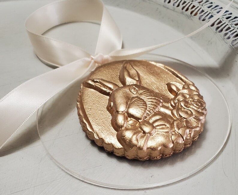 Gold Handmade Clay Ornament On Acrylic Hostess Gift Housewarming Gift Easter Rabbit Baby Shower image 5