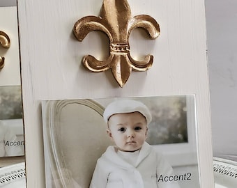 Handmade Wood Frame 4x6 Photo Painted Off White Distressed With A Gold Leaf  Fleur de lis  - Mardi Gras - Nola- New Orleans