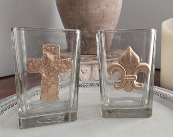 Heavy Glass Vase With Gold Leaf Cross or Fleur-de-lis