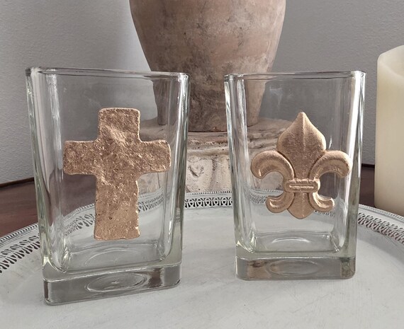Heavy Glass Vase With Gold Leaf Cross, Gold Leaf Fleur-de-lis, Or Gold Leaf Sacred Heart.