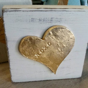 Handmade Gold Leaf Heart With XOXO - On Wood Distressed White   Block - Valentine Gift For Loved One - Art Piece - Gift