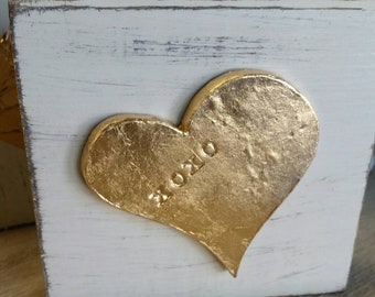 Handmade Gold Leaf Heart With XOXO - On Wood Distressed White   Block - Valentine Gift For Loved One - Art Piece - Gift