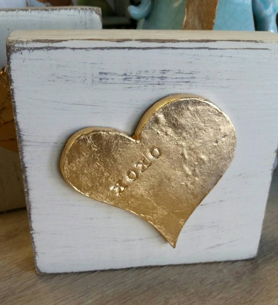 Handmade Gold Leaf Heart on Distressed White Wood Block - XOXO Valentine Gift