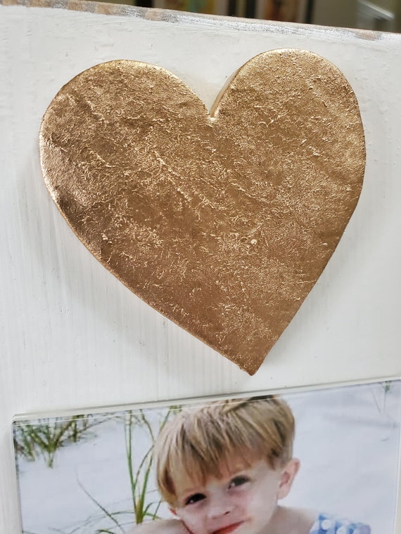 Handmade Distressed Wood Picture Frame: Oyster White, Gold Leaf Heart