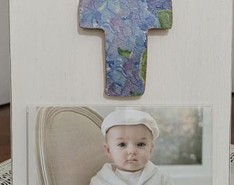 Large Blue And Gold Flower Cross Frame 5x7 Photo Frame Painted Oyster White Distessed - Baby Gift- Wedding- Birthday- Hostess